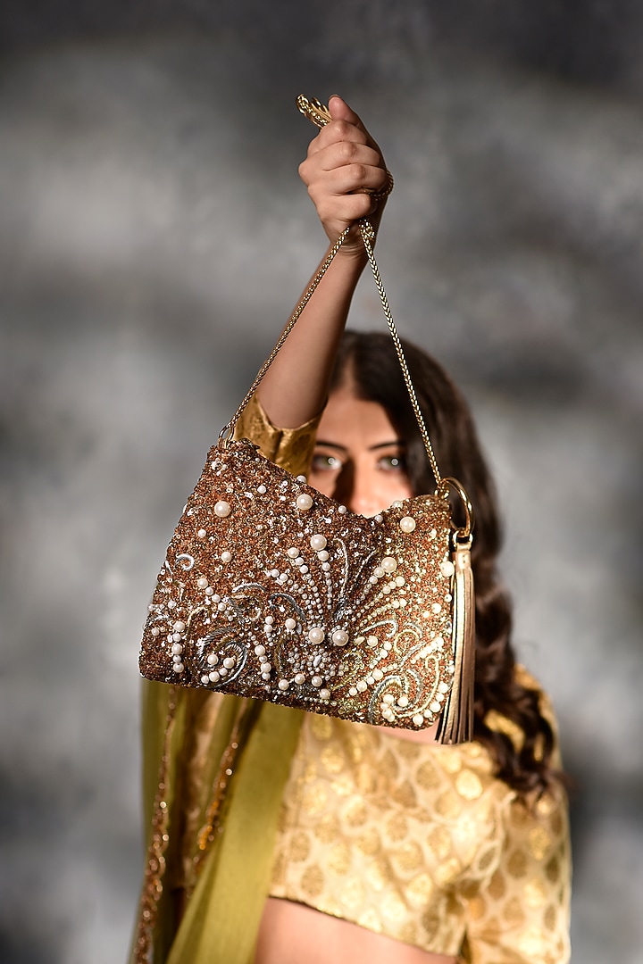 Gold Polyester Embroidered Crossbody Bag by Jasbir Gill at Pernia's Pop Up Shop
