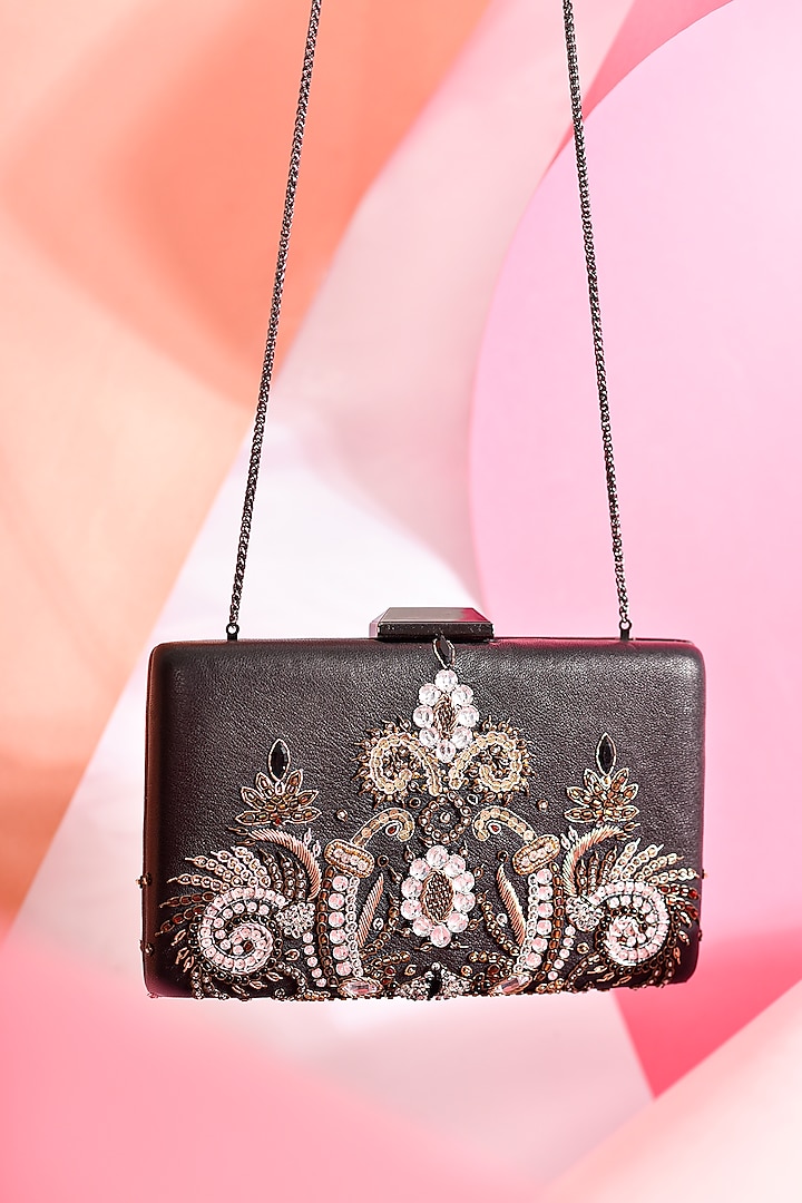 Black Leather Embroidered Box Clutch by Jasbir Gill