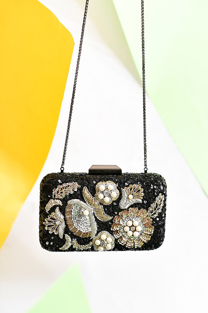 Black Polyester Embroidered Box Clutch by Jasbir Gill at Pernia's Pop Up Shop