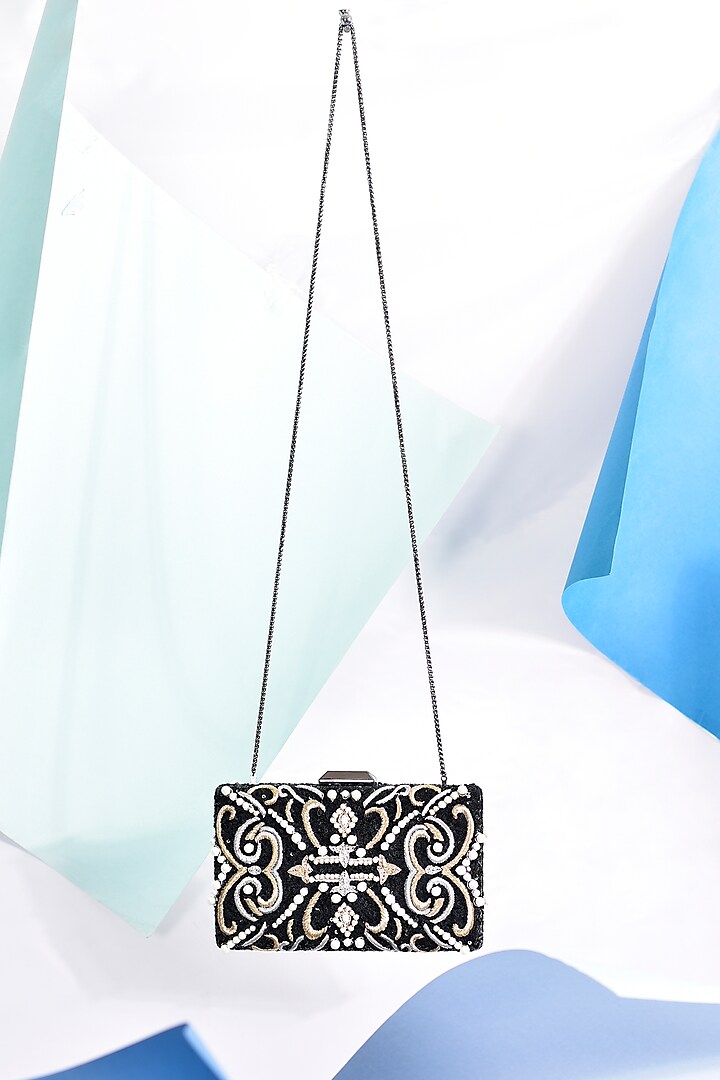 Black Polyester Embroidered Box Clutch by Jasbir Gill