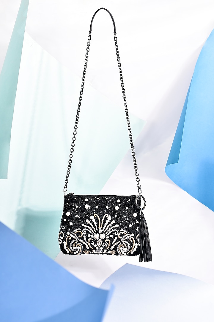 Black Polyester Embroidered Crossbody Bag by Jasbir Gill