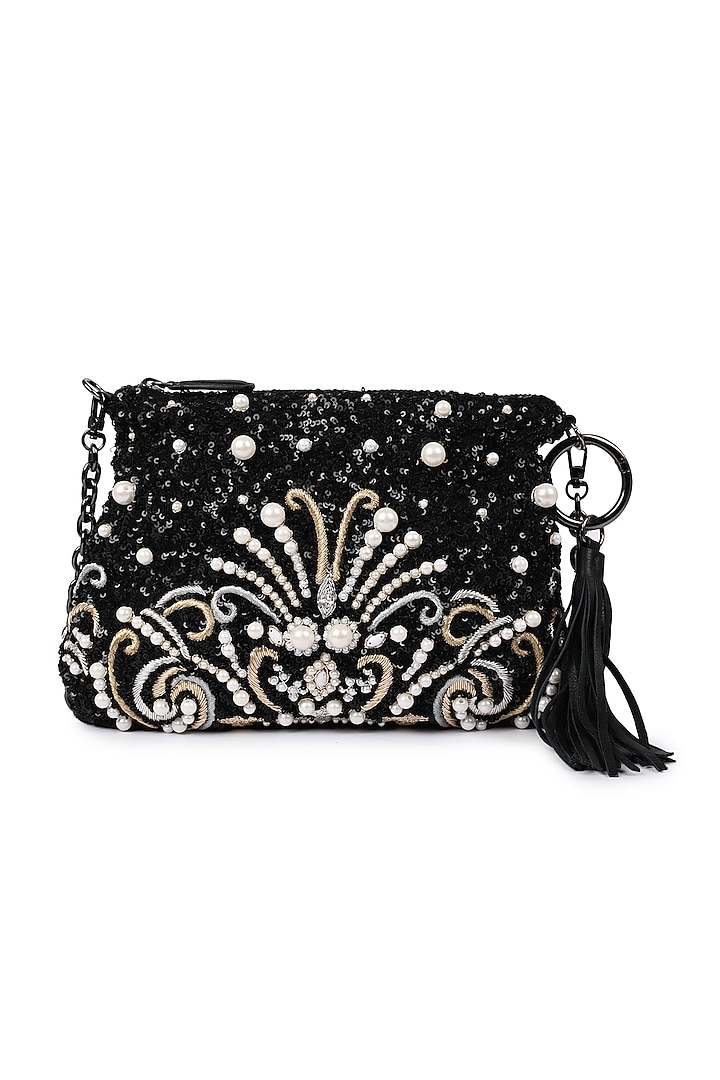 Black Polyester Embroidered Crossbody Bag by Jasbir Gill at Pernia's Pop Up Shop