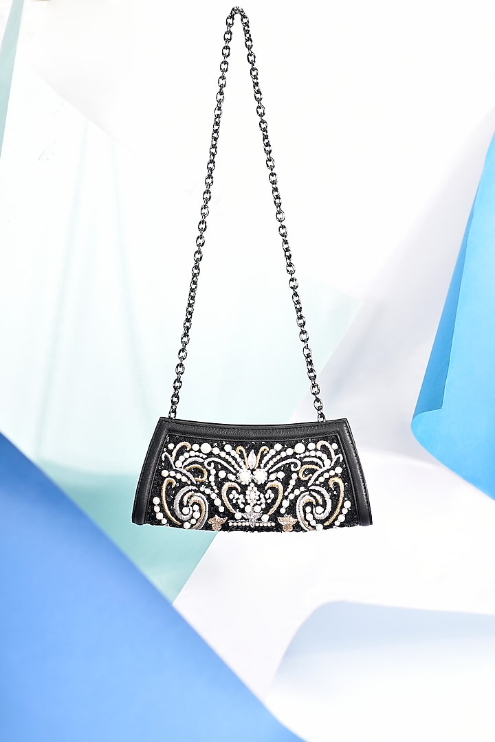 Black Polyester Embroidered Square Clutch by Jasbir Gill