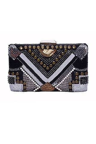 Multi-Colored Polyester Embellished Box Clutch by Jasbir Gill