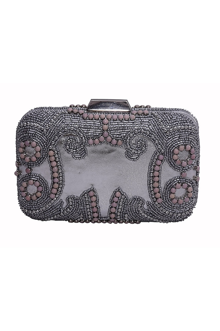 Silver Genuine Leather Embellished Box Clutch by Jasbir Gill