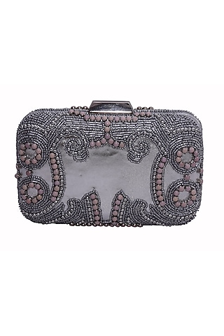 Silver Genuine Leather Embellished Box Clutch by Jasbir Gill