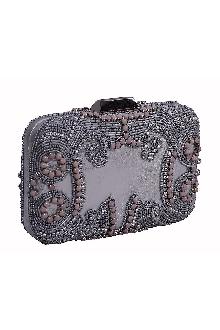 Silver Genuine Leather Embellished Box Clutch by Jasbir Gill at Pernia's Pop Up Shop