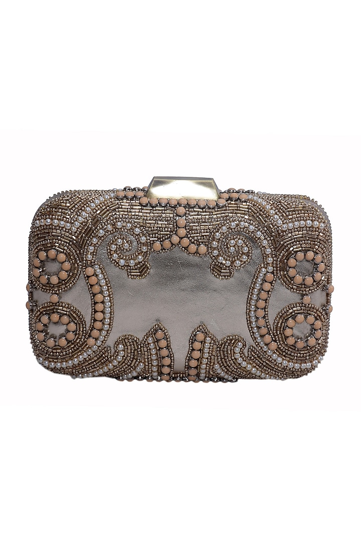 Gold Genuine Leather Embellished Box Clutch by Jasbir Gill