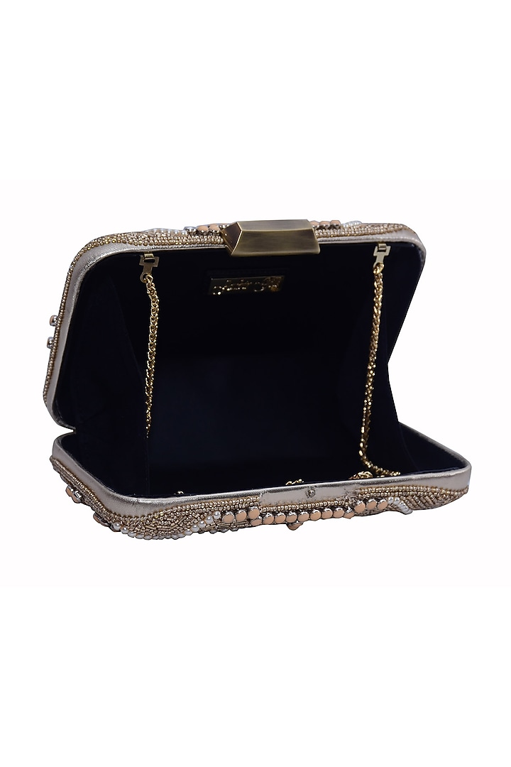 Gold Genuine Leather Embellished Box Clutch by Jasbir Gill at Pernia's Pop Up Shop