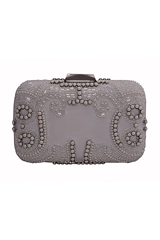 White Genuine Leather Hand Embroidered Box Clutch by Jasbir Gill