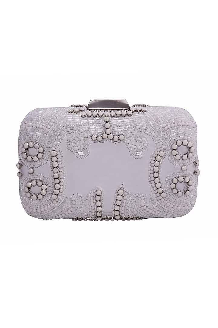 White Genuine Leather Hand Embroidered Box Clutch by Jasbir Gill at Pernia's Pop Up Shop