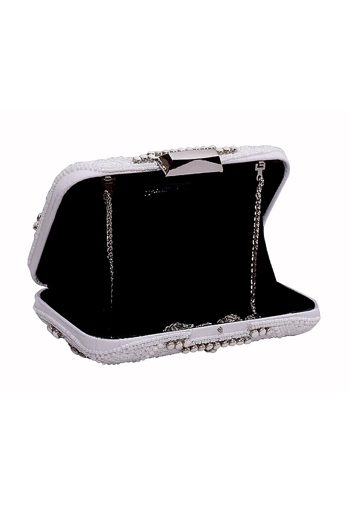White Genuine Leather Hand Embroidered Box Clutch by Jasbir Gill at Pernia's Pop Up Shop