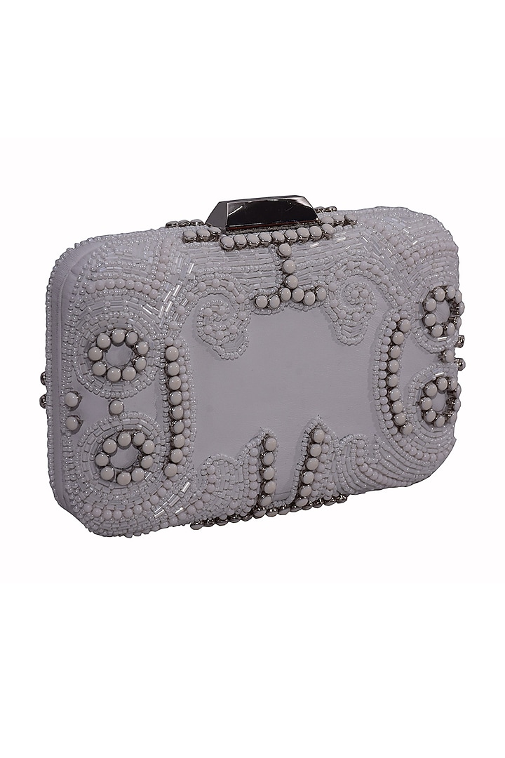 White Genuine Leather Hand Embroidered Box Clutch by Jasbir Gill at Pernia's Pop Up Shop