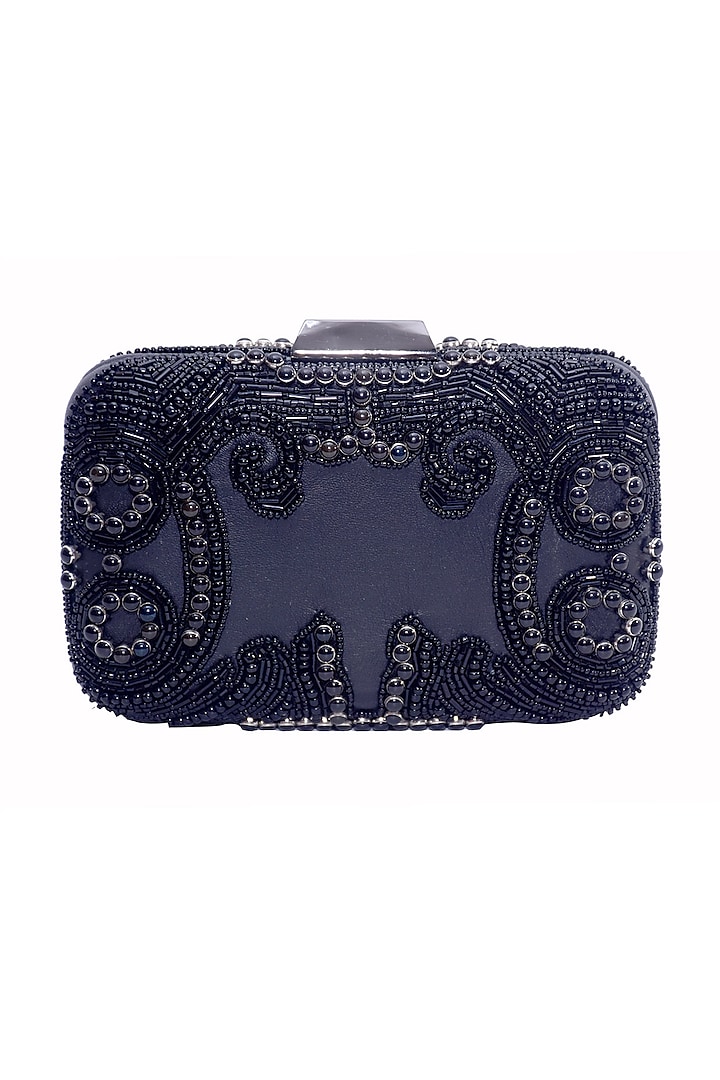 Black Genuine Leather Hand Embroidered Box Clutch Design by Jasbir Gill ...