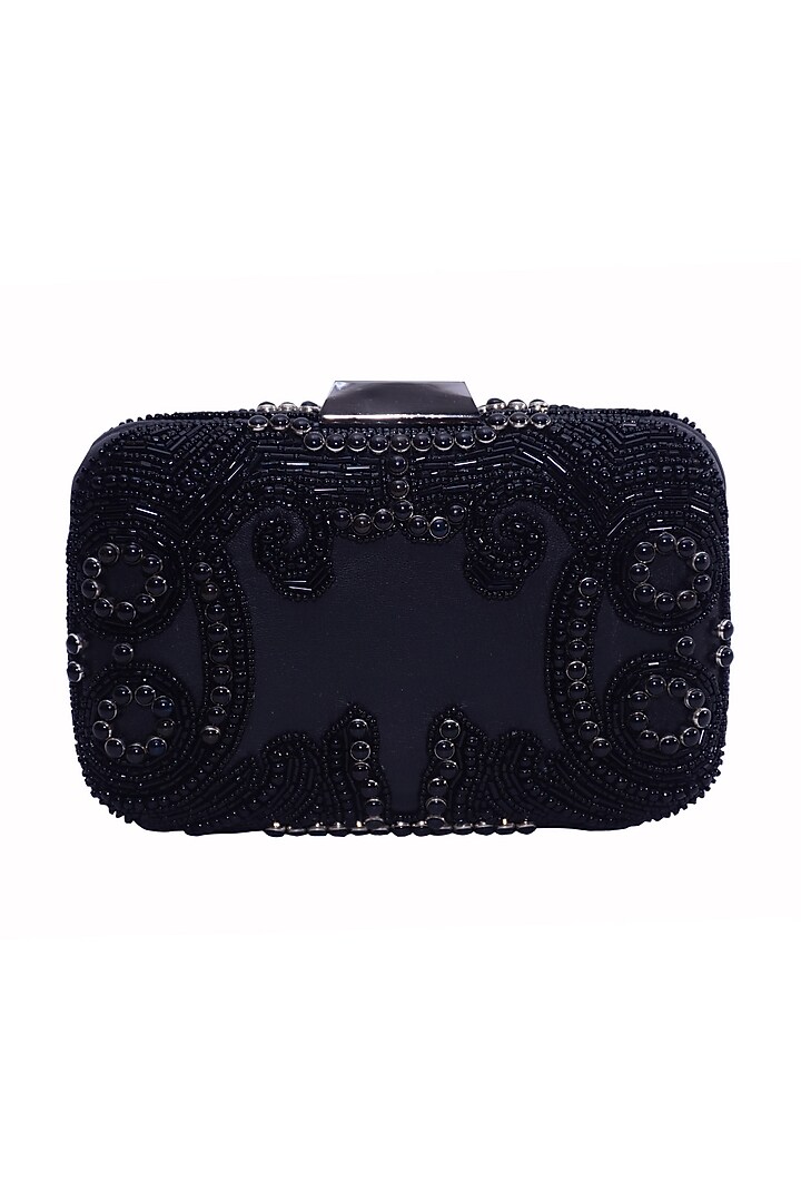 Black Genuine Leather Hand Embroidered Box Clutch by Jasbir Gill at Pernia's Pop Up Shop