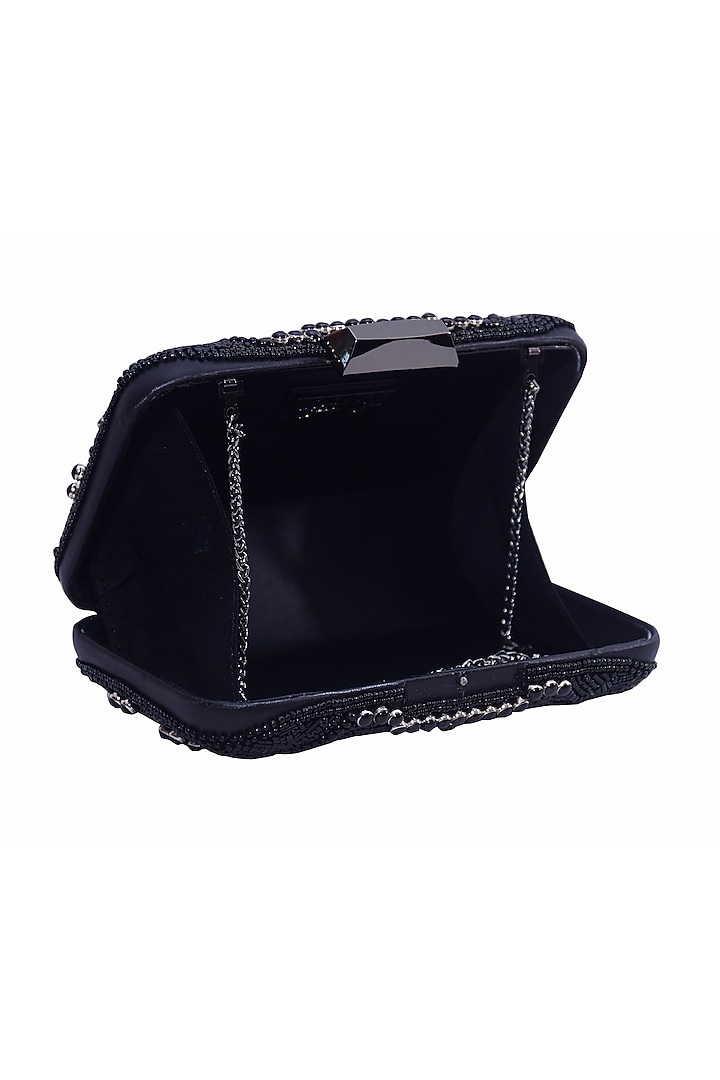 Black Genuine Leather Hand Embroidered Box Clutch by Jasbir Gill at Pernia's Pop Up Shop