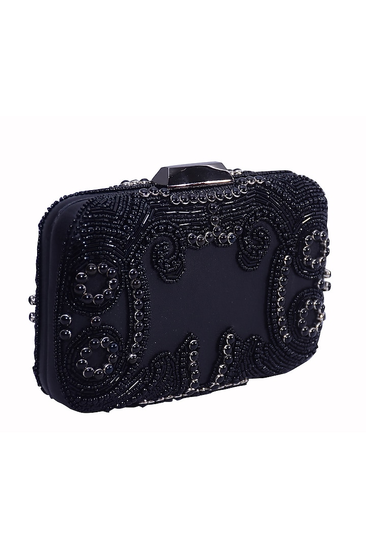 Black Genuine Leather Hand Embroidered Box Clutch by Jasbir Gill at Pernia's Pop Up Shop