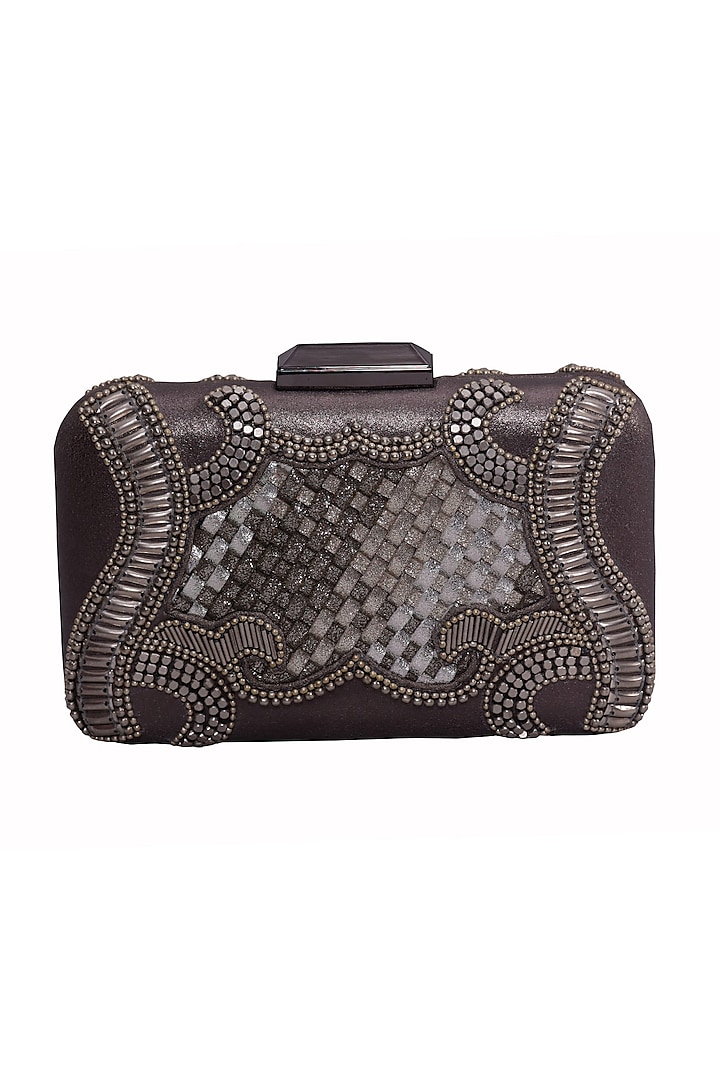Silver Genuine Leather Embroidered Box Clutch by Jasbir Gill