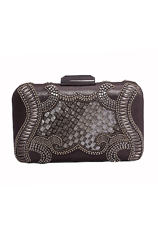 Silver Genuine Leather Embroidered Box Clutch by Jasbir Gill