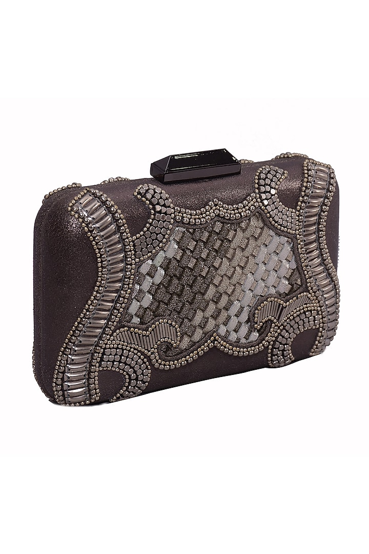 Silver Genuine Leather Embroidered Box Clutch by Jasbir Gill at Pernia's Pop Up Shop