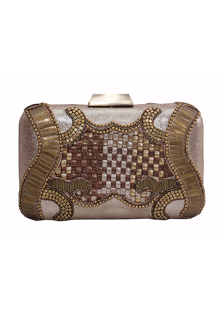 Gold Genuine Leather Embroidered Box Clutch by Jasbir Gill