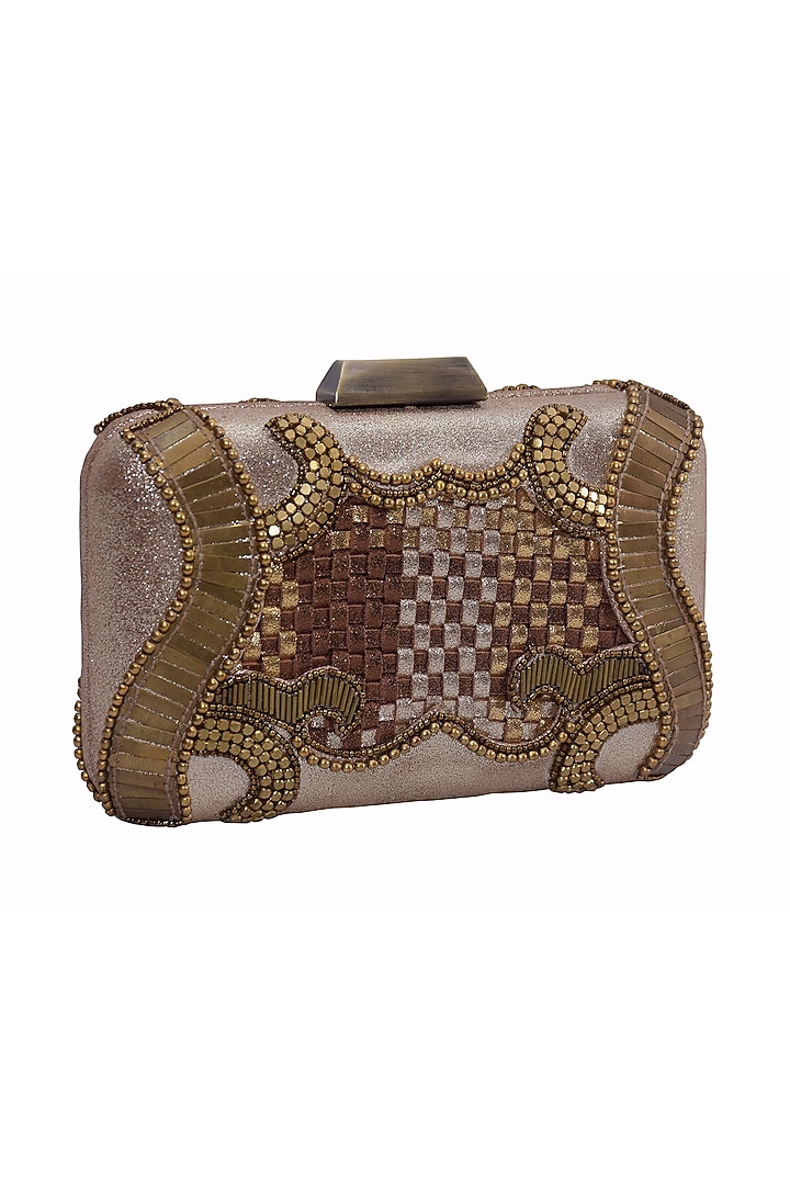 Gold Genuine Leather Embroidered Box Clutch by Jasbir Gill at Pernia's Pop Up Shop