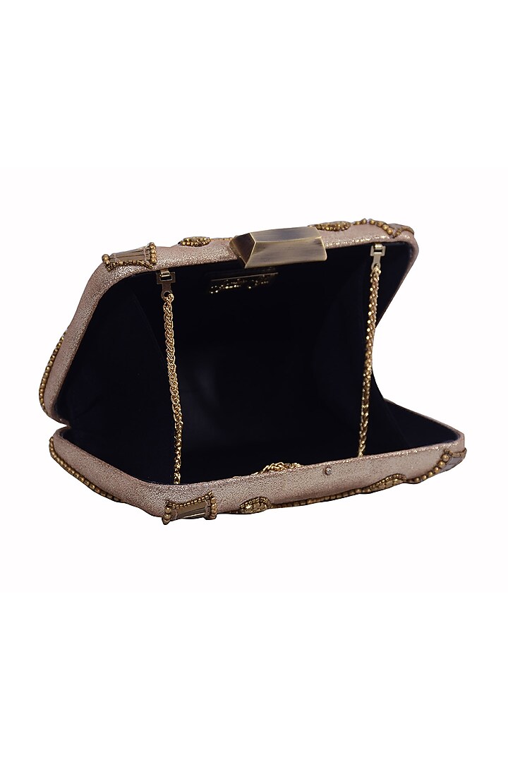 Gold Genuine Leather Embroidered Box Clutch by Jasbir Gill at Pernia's Pop Up Shop