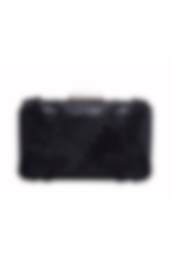 Black Genuine Leather Embroidered Box Clutch by Jasbir Gill