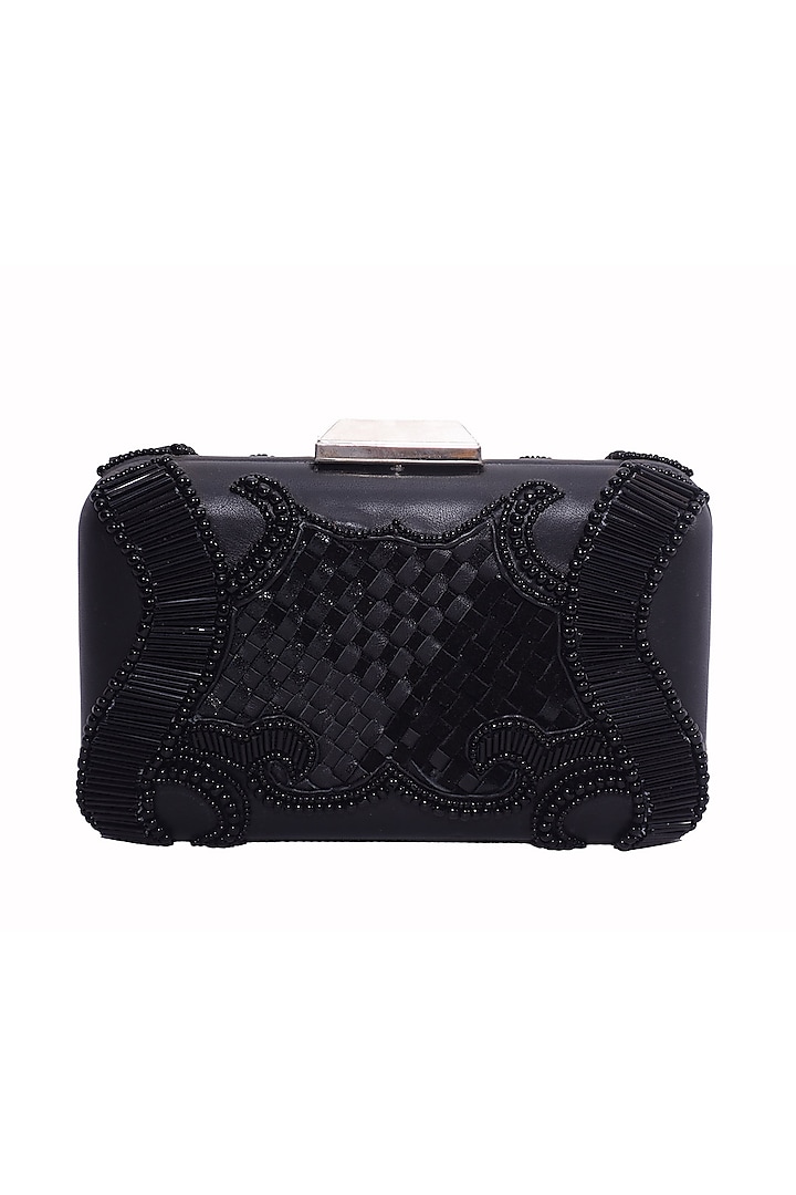 Black Genuine Leather Embroidered Box Clutch by Jasbir Gill
