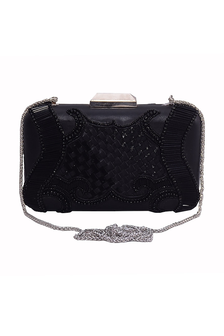Black Genuine Leather Embroidered Box Clutch by Jasbir Gill at Pernia's Pop Up Shop