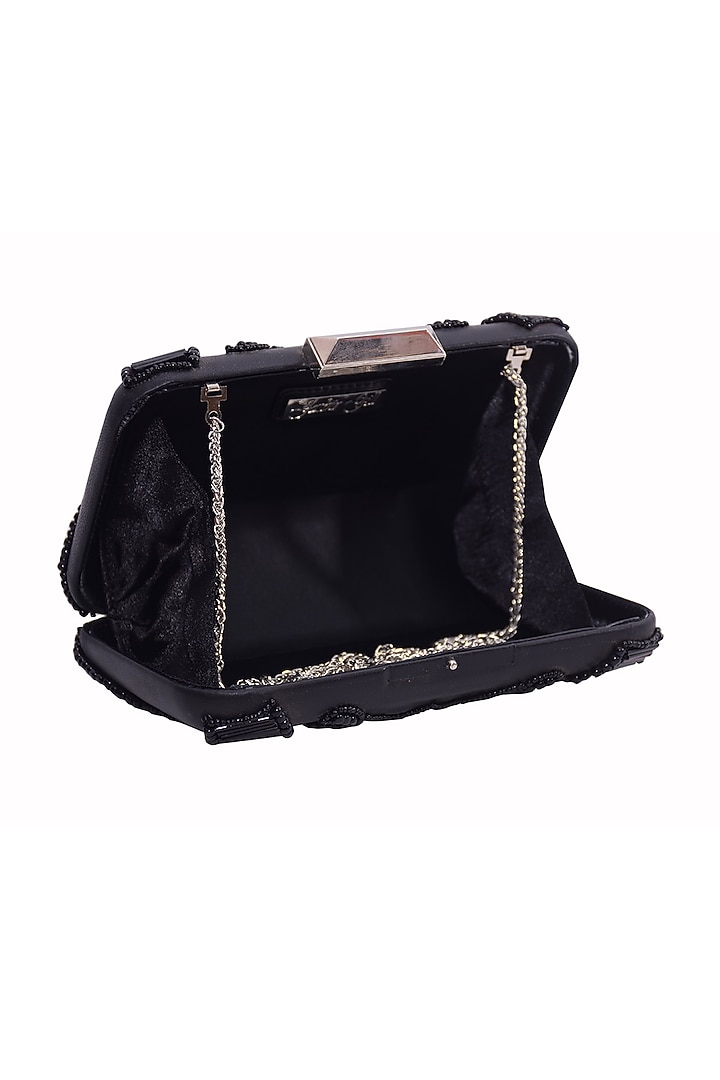Black Genuine Leather Embroidered Box Clutch by Jasbir Gill at Pernia's Pop Up Shop