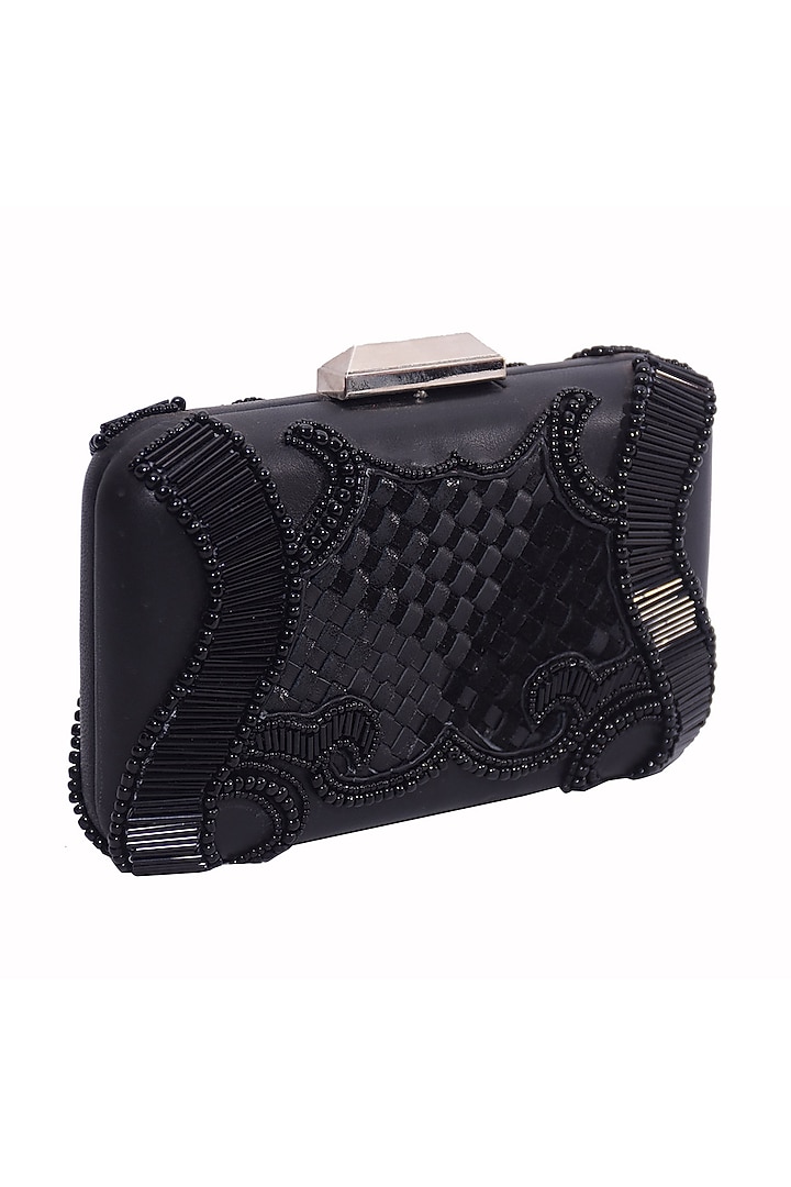 Black Genuine Leather Embroidered Box Clutch by Jasbir Gill at Pernia's Pop Up Shop