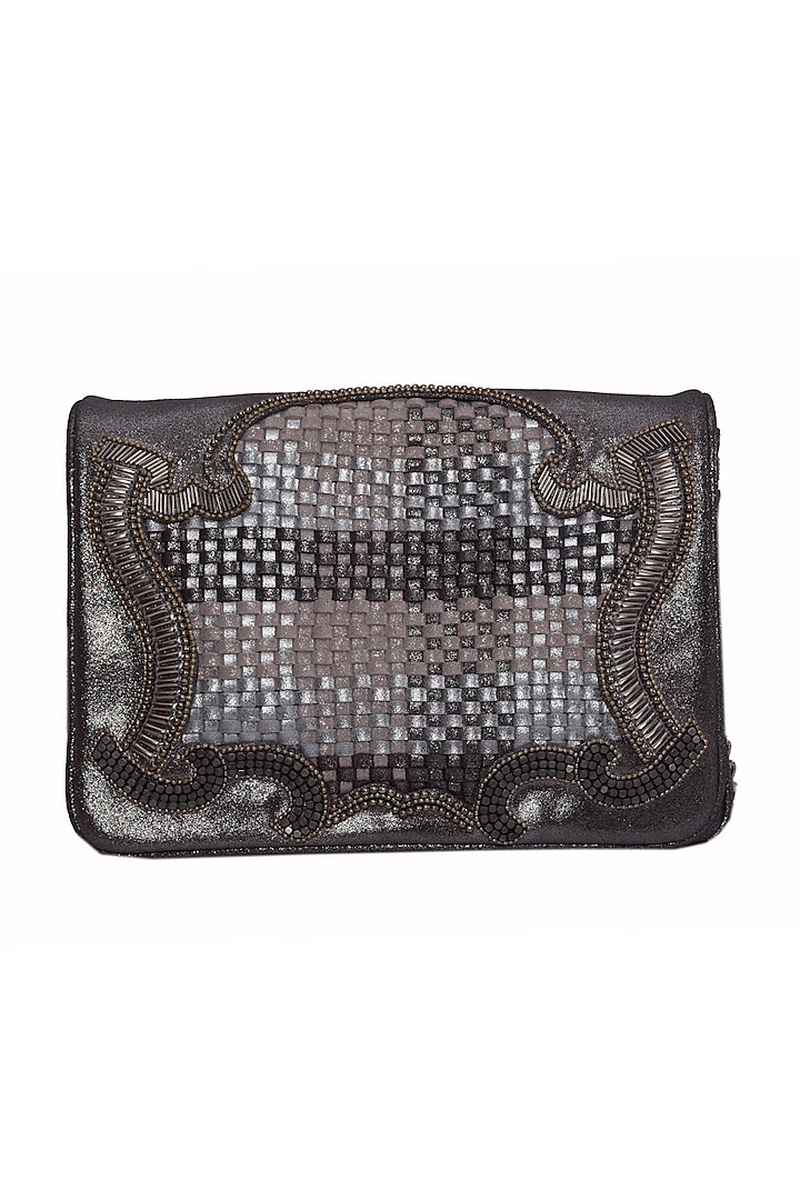 Silver Genuine Leather Embroidered Clutch by Jasbir Gill