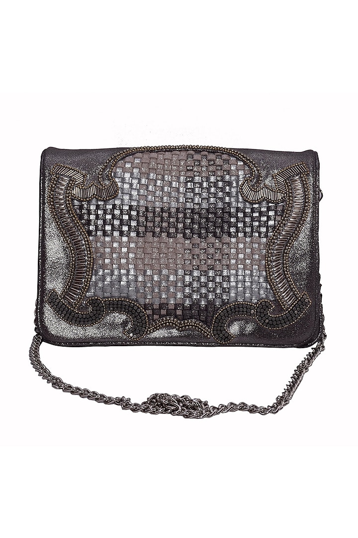 Silver Genuine Leather Embroidered Clutch by Jasbir Gill at Pernia's Pop Up Shop