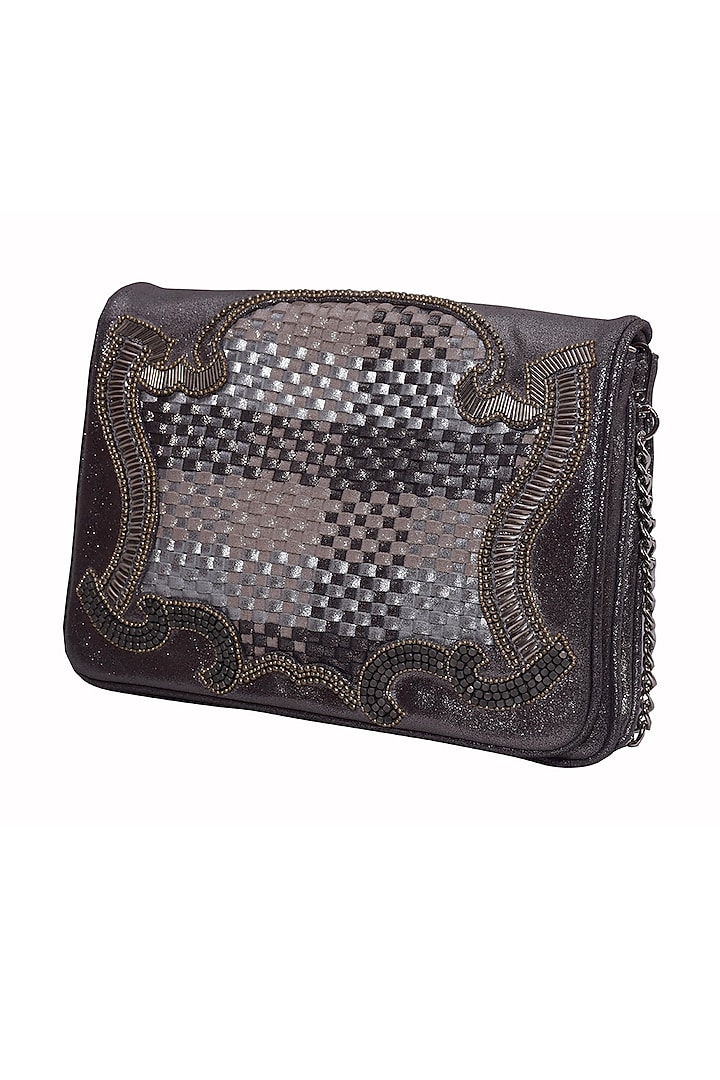 Silver Genuine Leather Embroidered Clutch by Jasbir Gill at Pernia's Pop Up Shop