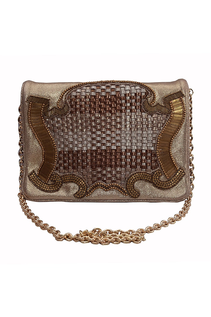 Gold Genuine Leather Embroidered Clutch by Jasbir Gill