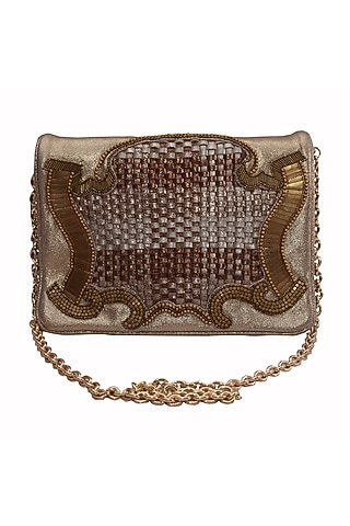 Gold Genuine Leather Embroidered Clutch by Jasbir Gill