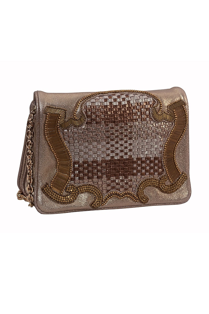 Gold Genuine Leather Embroidered Clutch by Jasbir Gill at Pernia's Pop Up Shop