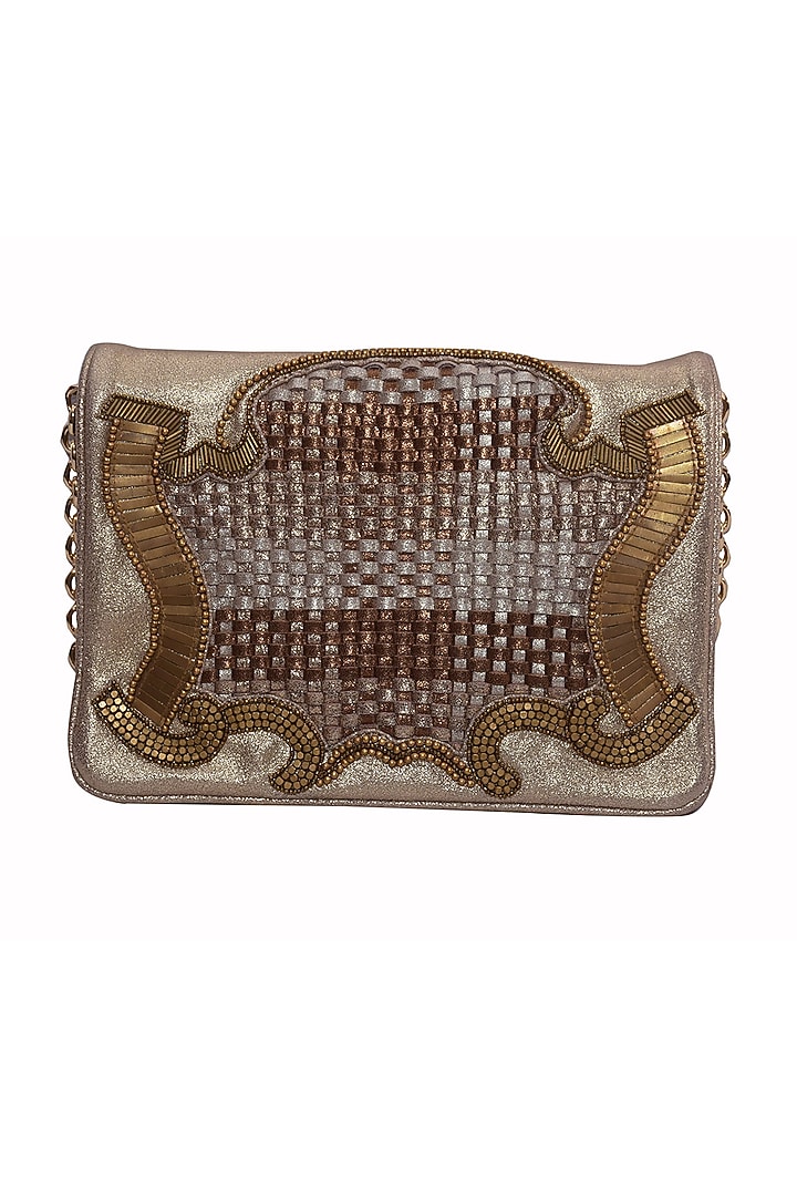 Gold Genuine Leather Embroidered Clutch by Jasbir Gill at Pernia's Pop Up Shop