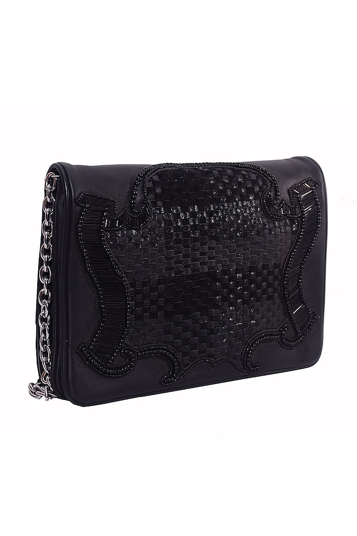 Black Genuine Leather Embroidered Clutch by Jasbir Gill at Pernia's Pop Up Shop