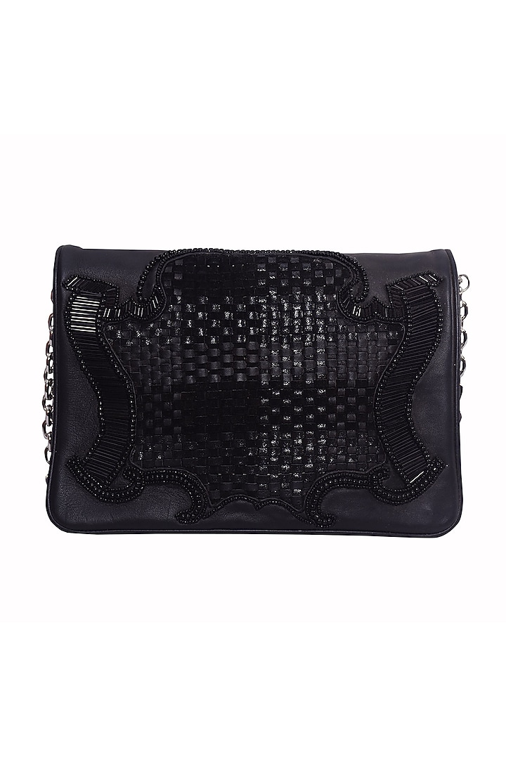Black Genuine Leather Embroidered Clutch by Jasbir Gill at Pernia's Pop Up Shop