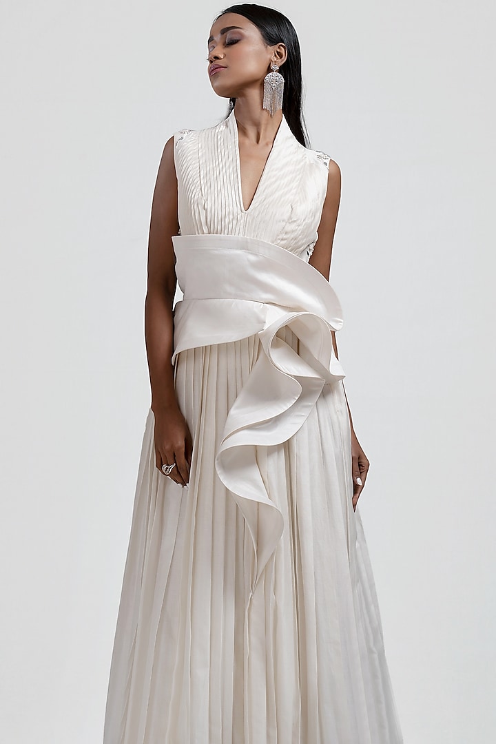 White Embroidered Pleated Gown by Jyoti Sachdev Iyer
