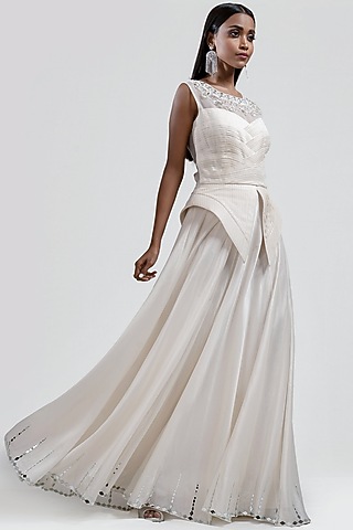 White Embroidered Pleated Dress by Jyoti Sachdev Iyer