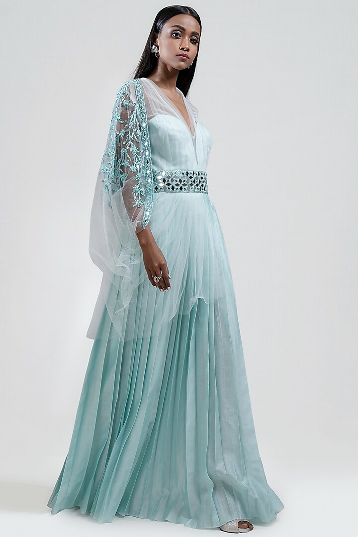 Ice Blue Embroidered Pleated Dress by Jyoti Sachdev Iyer