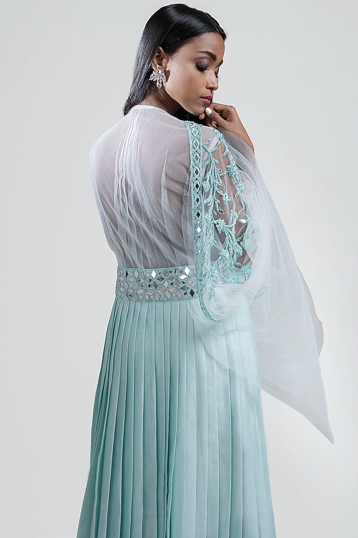 Ice Blue Embroidered Pleated Cocktail Dress by Jyoti Sachdev Iyer at Pernia's Pop Up Shop