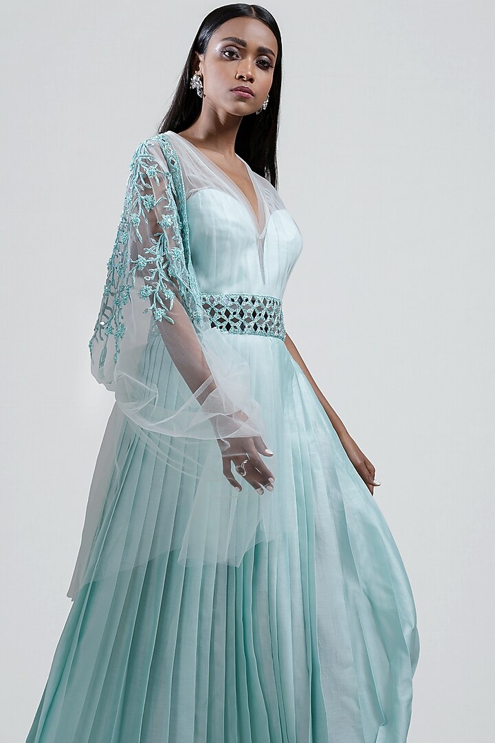 Ice Blue Embroidered Pleated Cocktail Dress by Jyoti Sachdev Iyer at Pernia's Pop Up Shop
