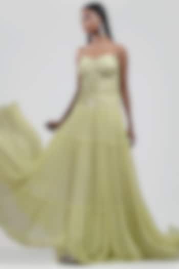 Lime Yellow Tiered Embroidered Dress by Jyoti Sachdev Iyer