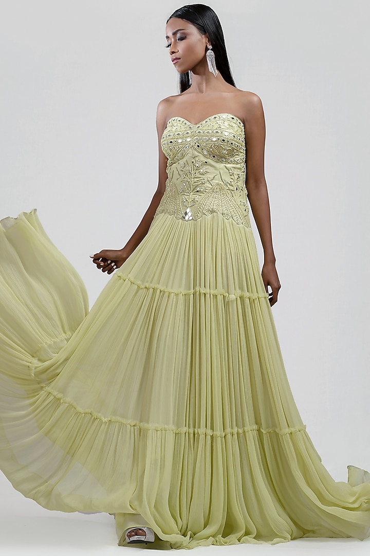 Lime Yellow Tiered Embroidered Dress by Jyoti Sachdev Iyer