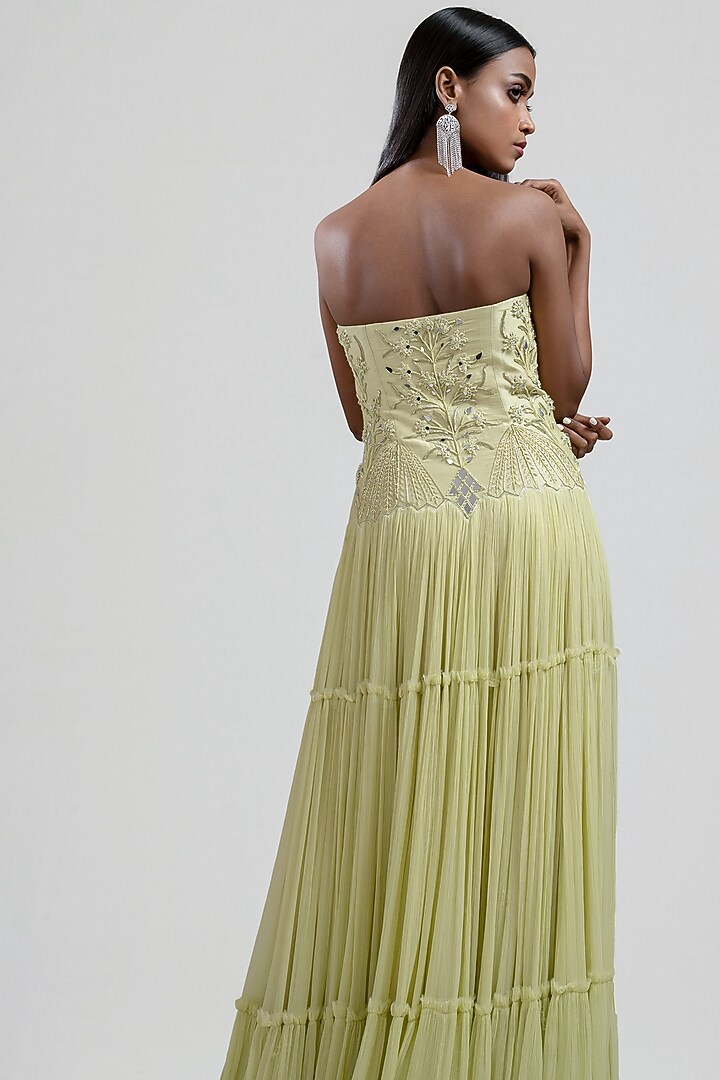 Lime Yellow Tiered Embroidered Cocktail Dress by Jyoti Sachdev Iyer at Pernia's Pop Up Shop