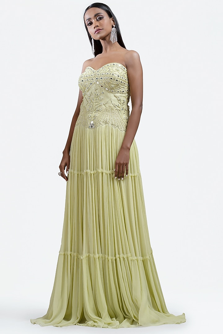 Lime Yellow Tiered Embroidered Cocktail Dress by Jyoti Sachdev Iyer at Pernia's Pop Up Shop